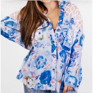 POL Floral Lace Button Down Shirt Women S Blue Sheer Cotton Boho High Low Top